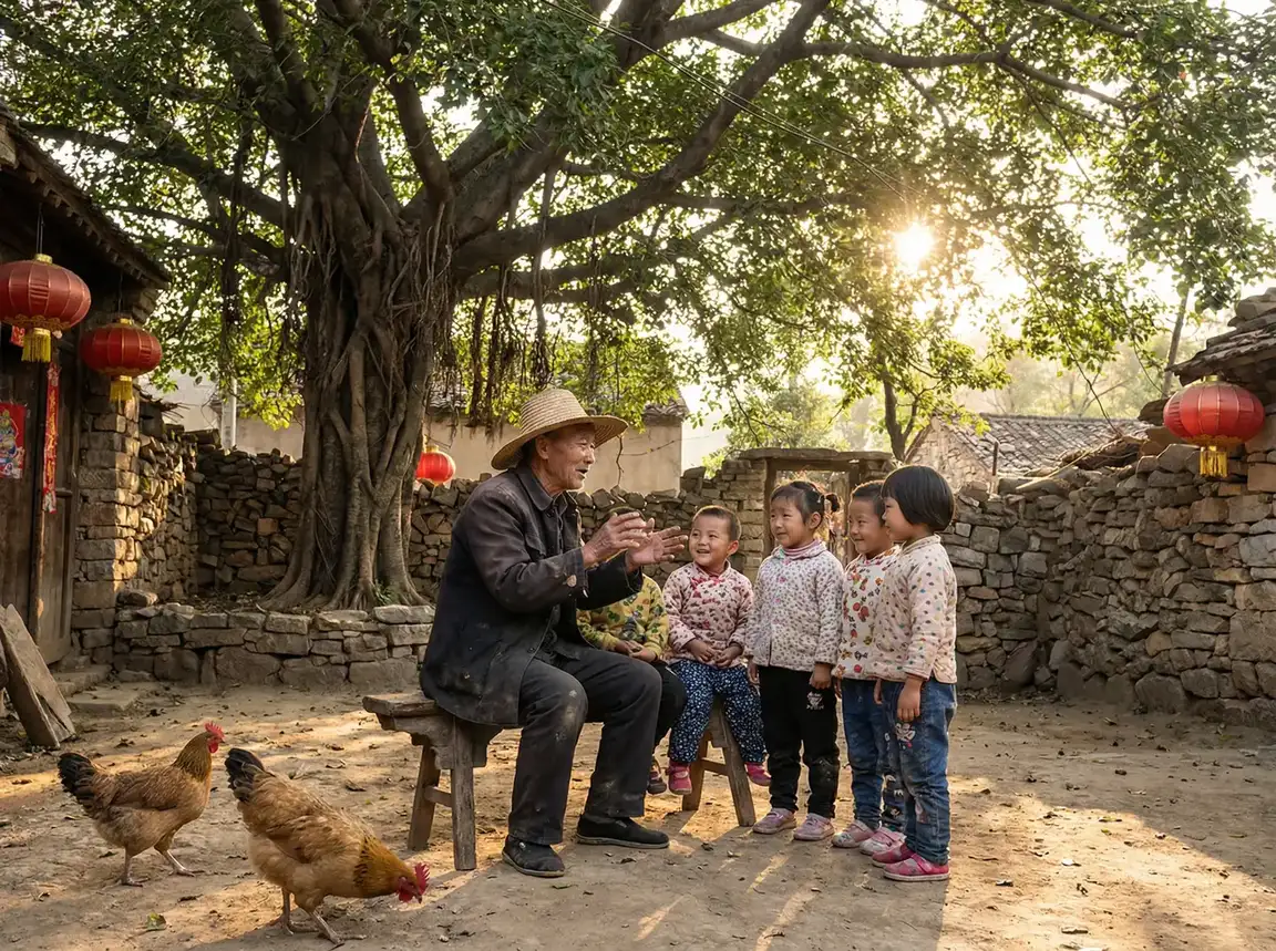 老人在大榕树下给孩子们讲故事 - 女生穿露胸开叉裙穿搭大忌 乡村记忆
